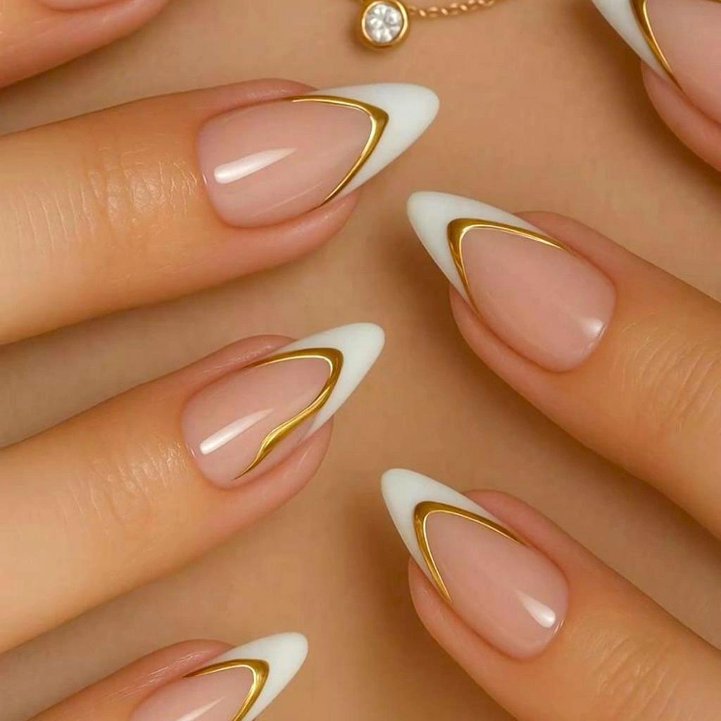 Almond French Tips With Gold Outlines