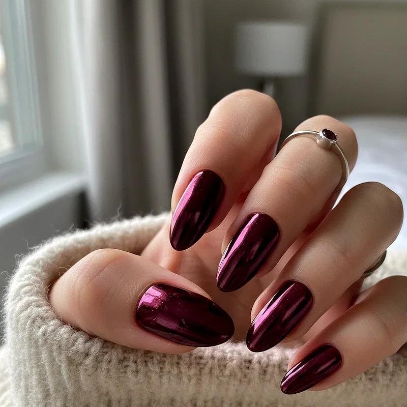Dark Burgundy Chrome Nails