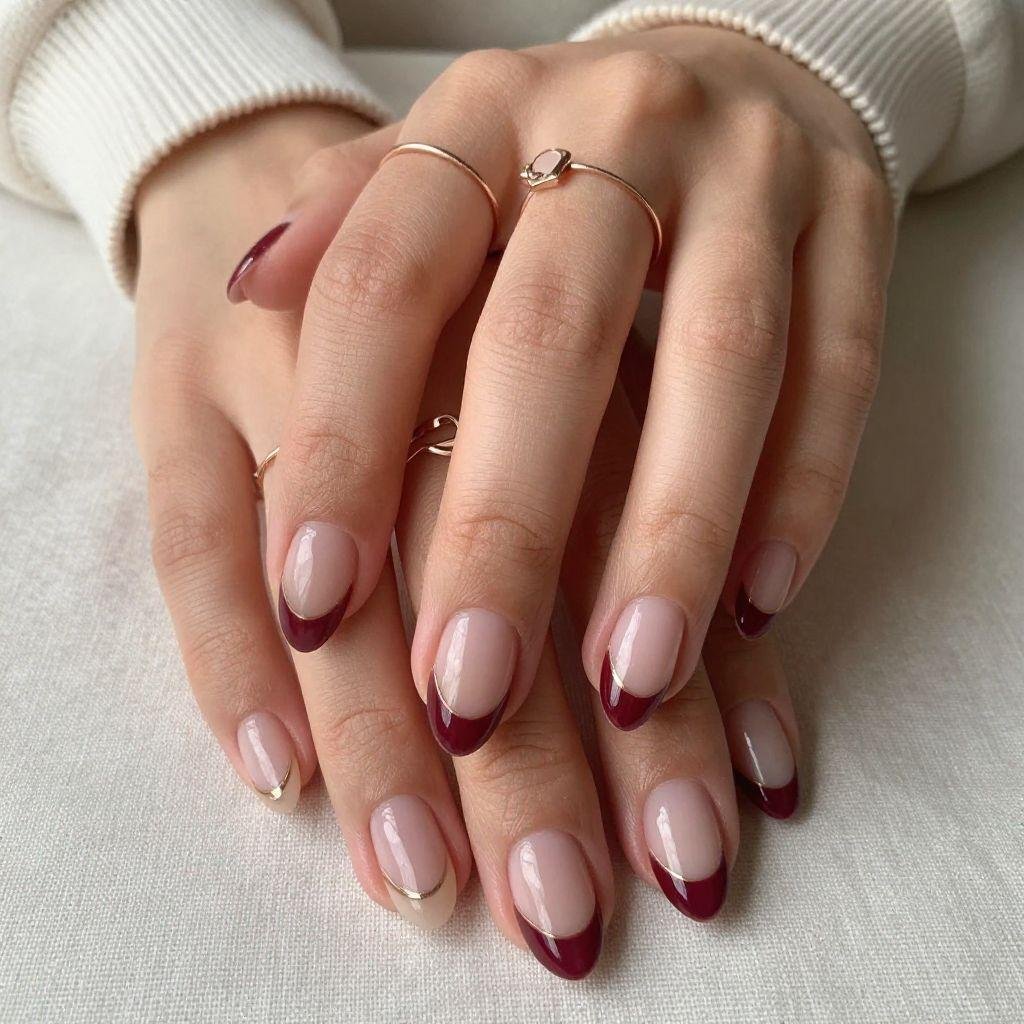 Burgundy French Tips With Gold Lines-Burgundy Nail Designs